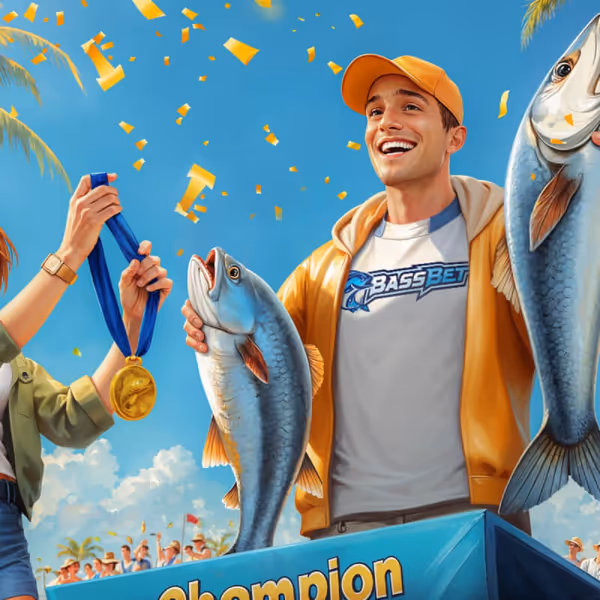 A happy fisherman holding big catches, promoting Bassbet casino games with exciting bonuses.