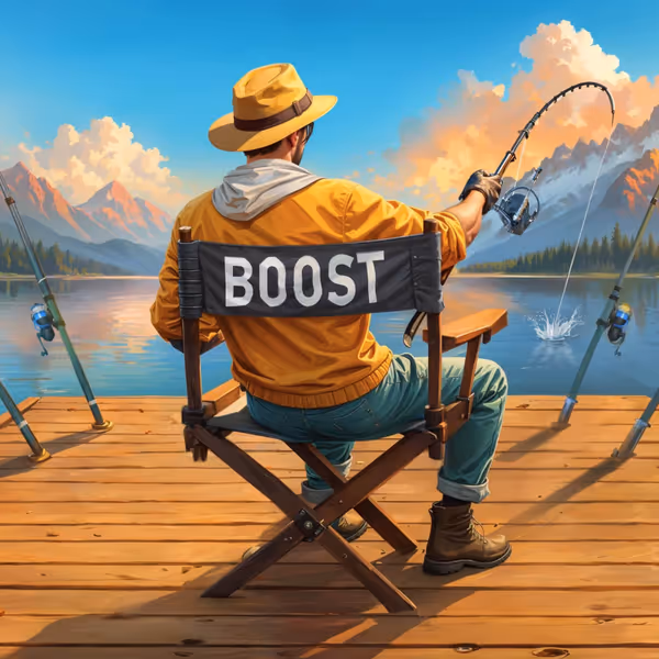 Man seated in a 'Boost' chair by the lake, highlighting Bassbet bonuses and rewards.