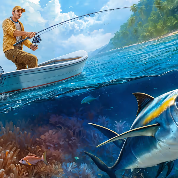Underwater view of a fisherman catching a big fish, emphasizing Bassbet casino thrills.